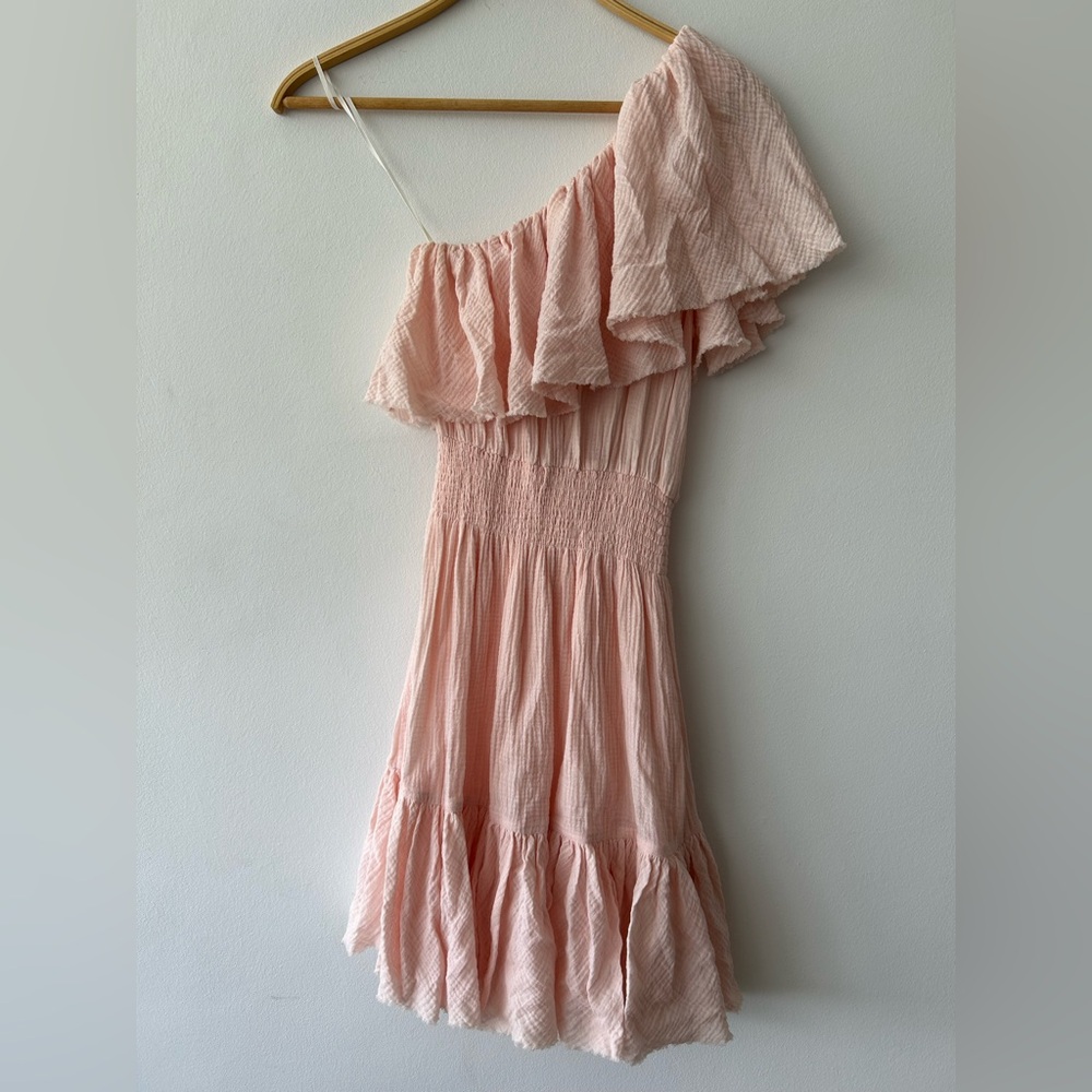 $295 NWT Rebecca Taylor One-Shoulder Pastel Pink Ruffled Gauze Mini Dress 4